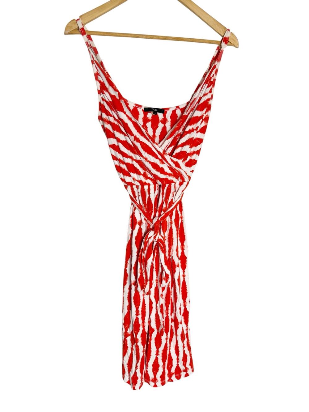 Tart Red White Tie Dye Stripe Print Tie Waist V-Neck Sleeveless Sun Dress Large